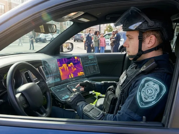 Mobile security patrol vehicle at night